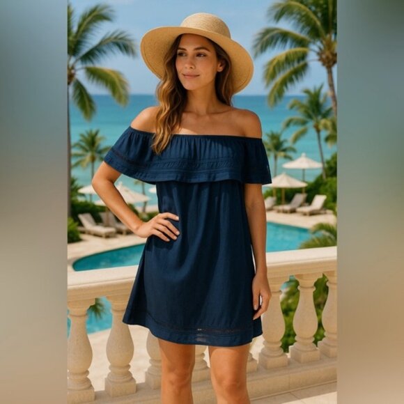 Wilfred Aritzia Emmie Mini Dress Lace Off the Shoulder Eyelet Blue boho chic 2XS - Picture 5 of 16